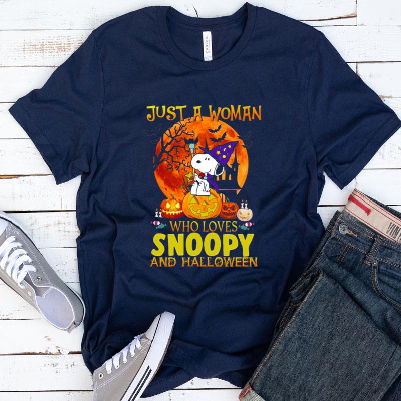 Just A Woman Who Lives Snoopy And Halloween Snoop Dog Autumn Pumpkins Shirts