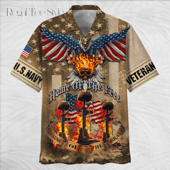 Because Of The Brave Eagle With Skull And Gun Hawaiian Shirt