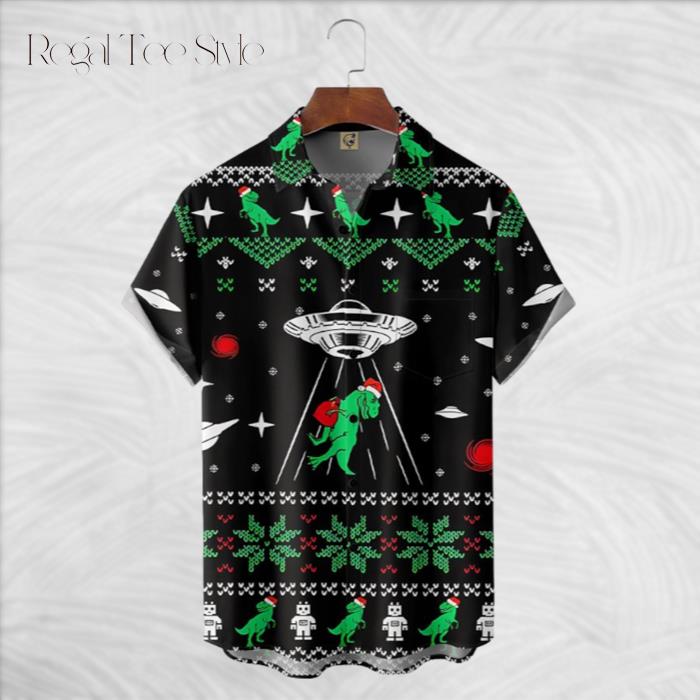 Christmas Alien Dinosaur With UFO Hawaiian Shirt