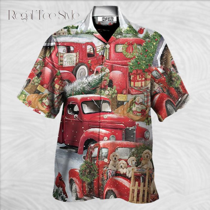 Christmas Red Truck With Xmas Tree And Little Puppy Hawaiian Shirt