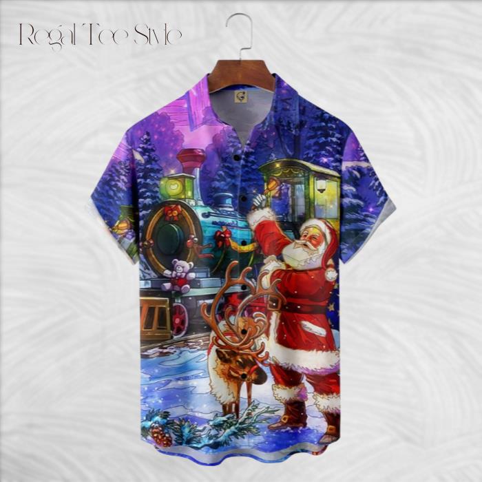 Christmas Santa Claus Reindeer And Train Hawaiian Shirt