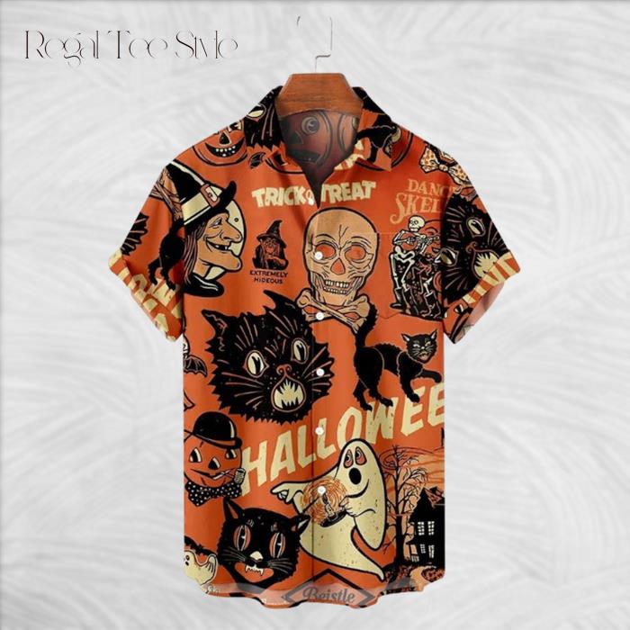 Halloween Cat Print Breathable Hawaiian Shirt