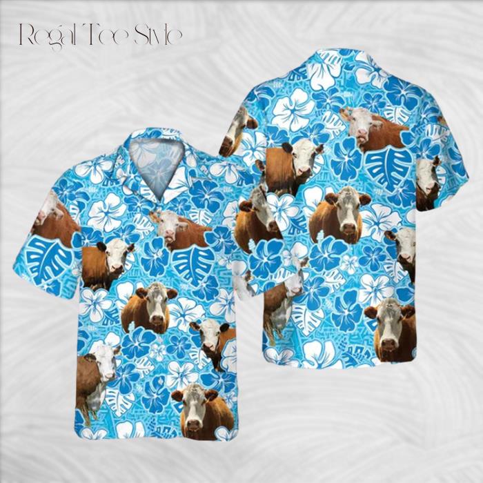 Hereford Blue Floral Cow Hawaiian Shirt