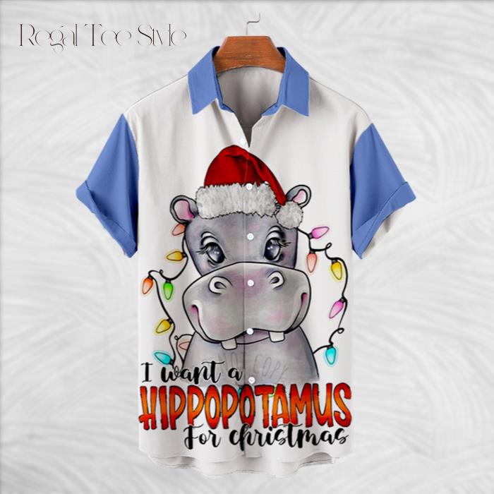I Want A Hippopotamus For Christmas Blue Hawaiian Shirt