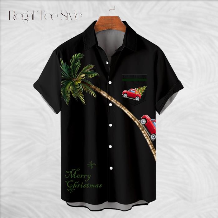 Merry Christmas Car And Coconut Tree Black Hawaiian Shirt