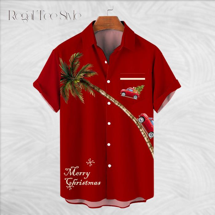 Merry Christmas Car And Coconut Tree Red Hawaiian Shirt