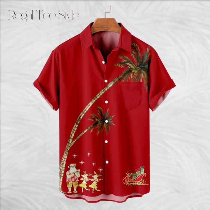 Merry Christmas Santa And Reindeer Red Hawaiian Shirt