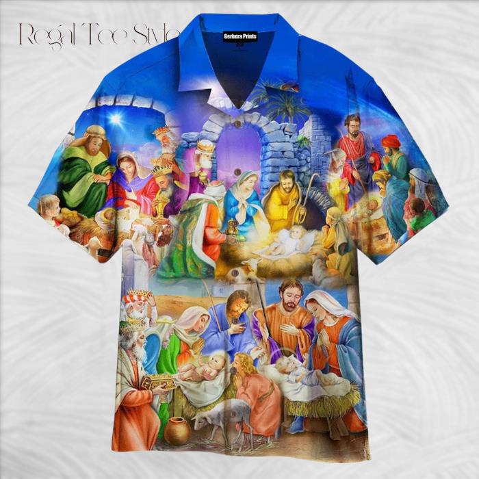 Nativity Christmas Birth Of Jesus Bluen Hawaiian Shirt