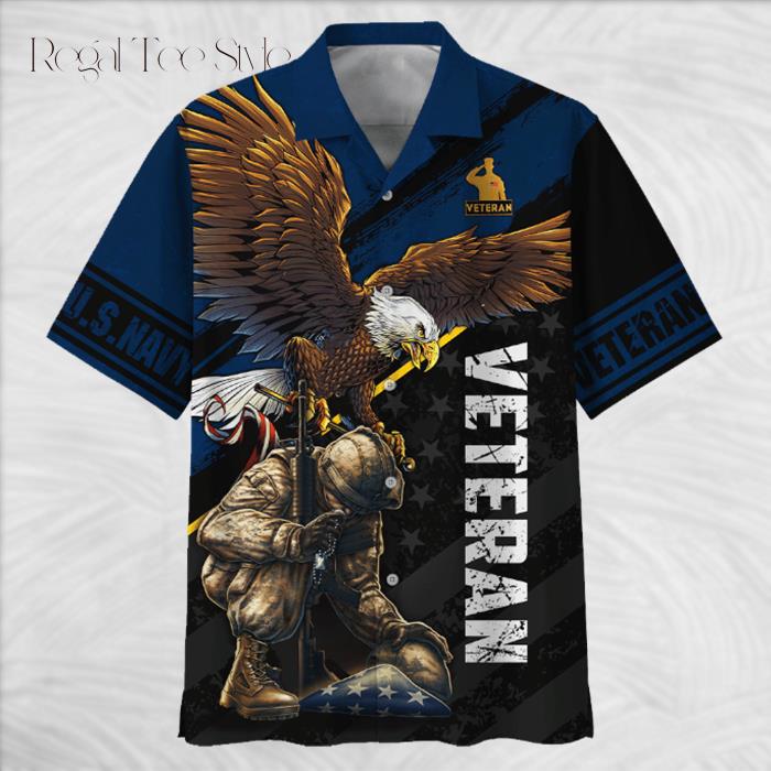 Navy Eagle And Soldier Kneeling Veteran U.S Navy Hawaiian Shirt