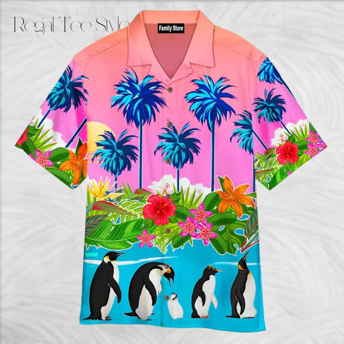 Palm Tree Penguin Tropical Leaves Hawaiian Shirt