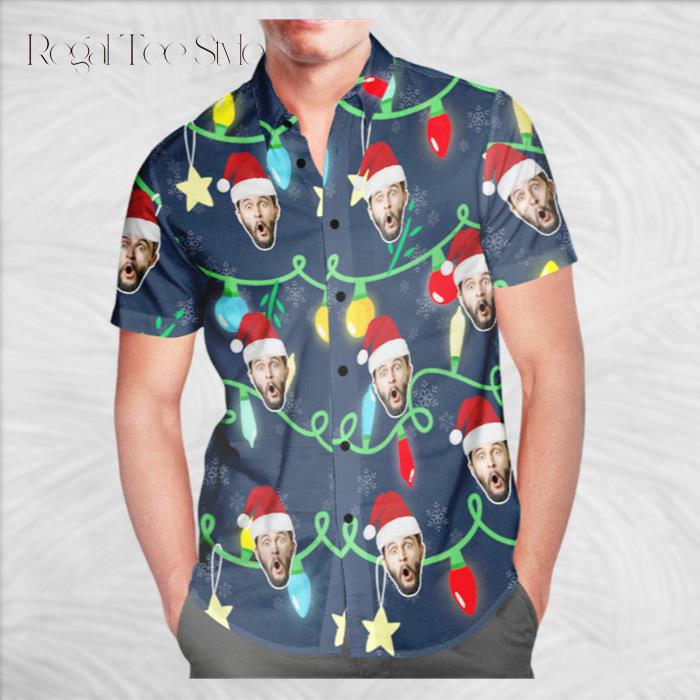 Personalized Face All Over Print Christmas Lights Hawaiian Shirt