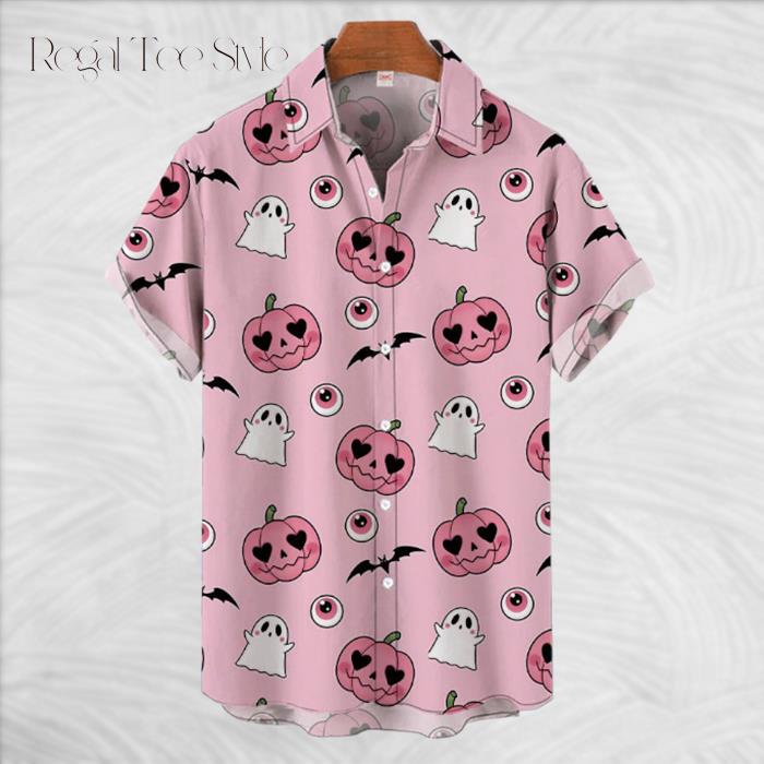 Pink Fashion Halloween Pumpkin Skulls And Cartoon Ghosts Hawaiian Shirt