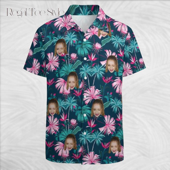 Pink Flowers Men Beach Shortsleeve Hawaiian Shirt