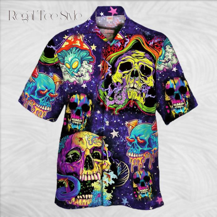 Psychedelic Hippie Neon Retro Doodle Art Sugar Skull Hawaiian Shirt