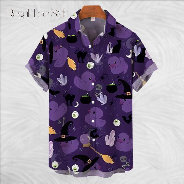 Purple Halloween Eyeball Black Cat And Wizard Rubber Duck Hawaiian Shirt