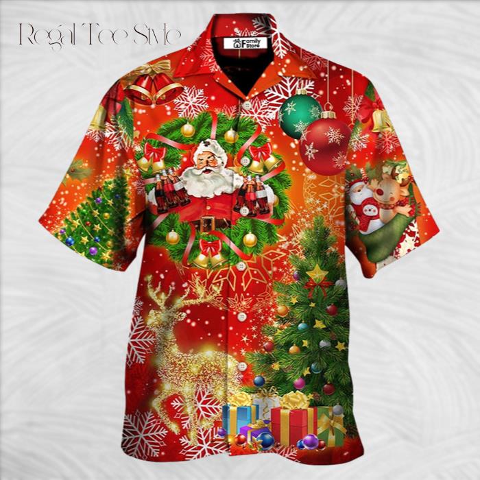 Santa Claus Drinking Christmas Tree Red Light Hawaiian Shirt
