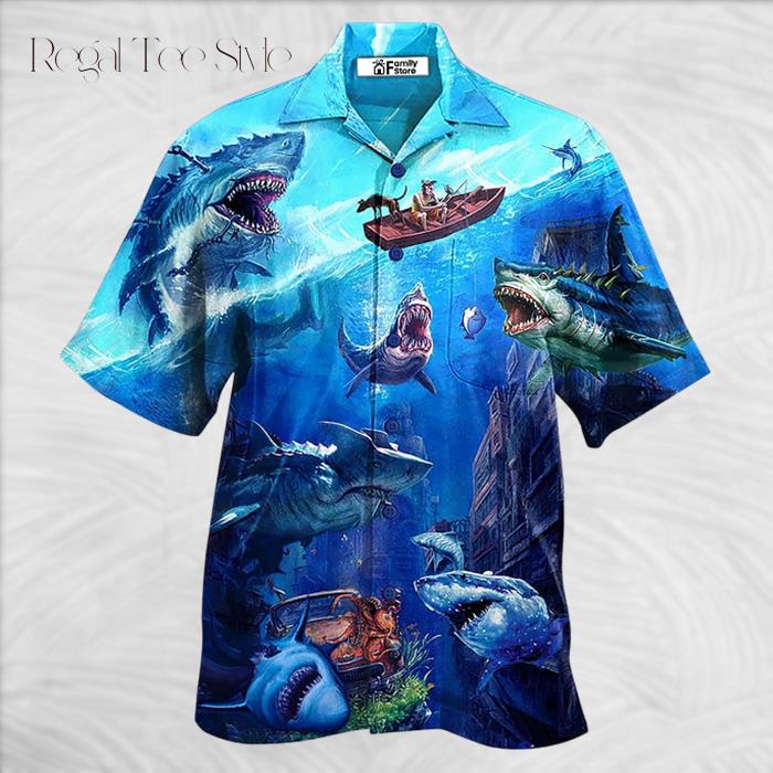 Shark Fishing Shark With Small Ship Blue Ocean Hawaiian Shirt