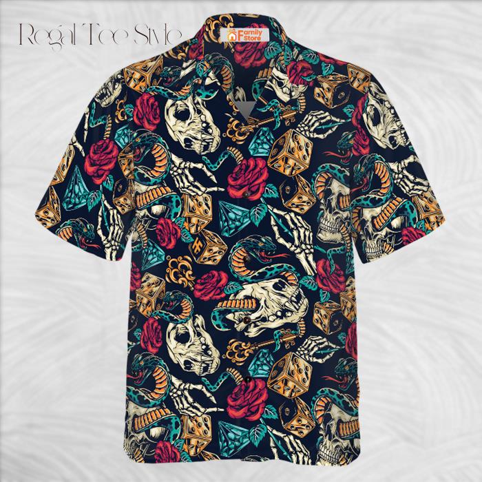 Skulls With Blue Snakes And Red Roses Hawaiian Shirt