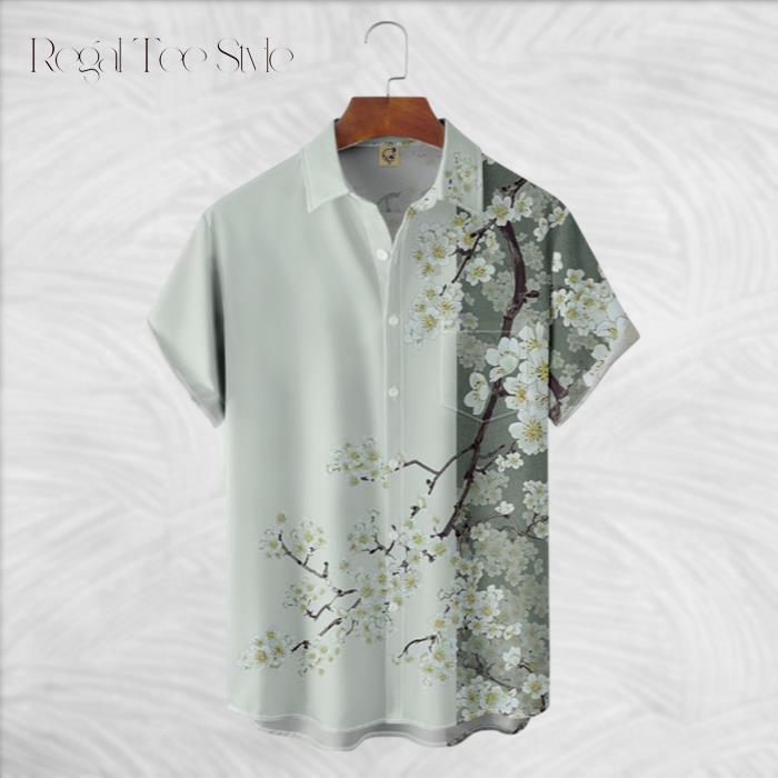 White Sakura Pattern Hawaiian Shirt